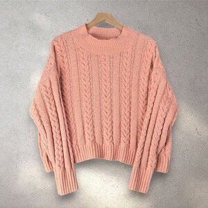 Hippie Rose Cable Knit Sweater Womens L Pink Mock Neck Cropped Cozy Fall Academy